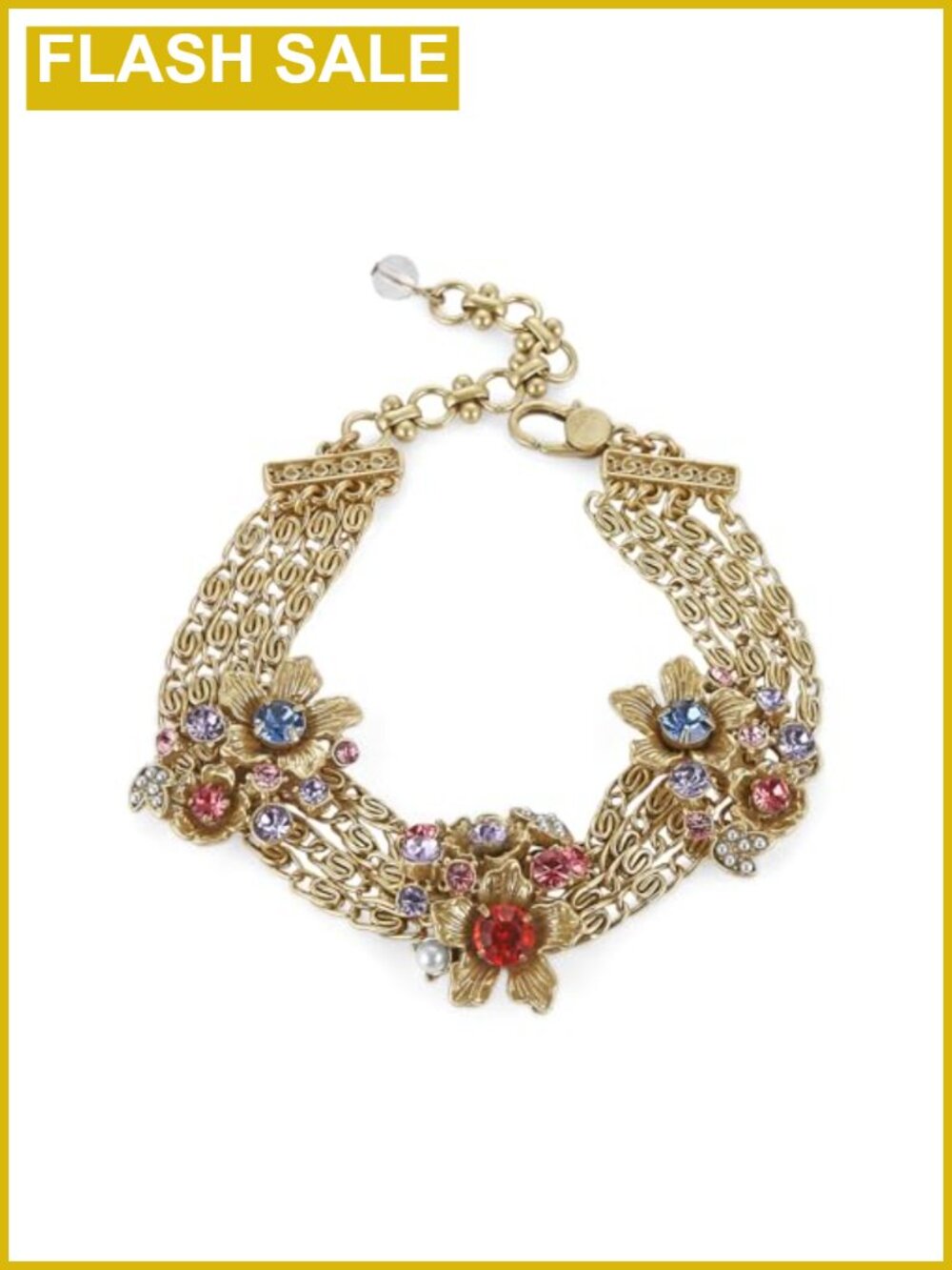 Handmade Brass Floral Chain Bracelet Colorful Crystal 9.76 In Gift